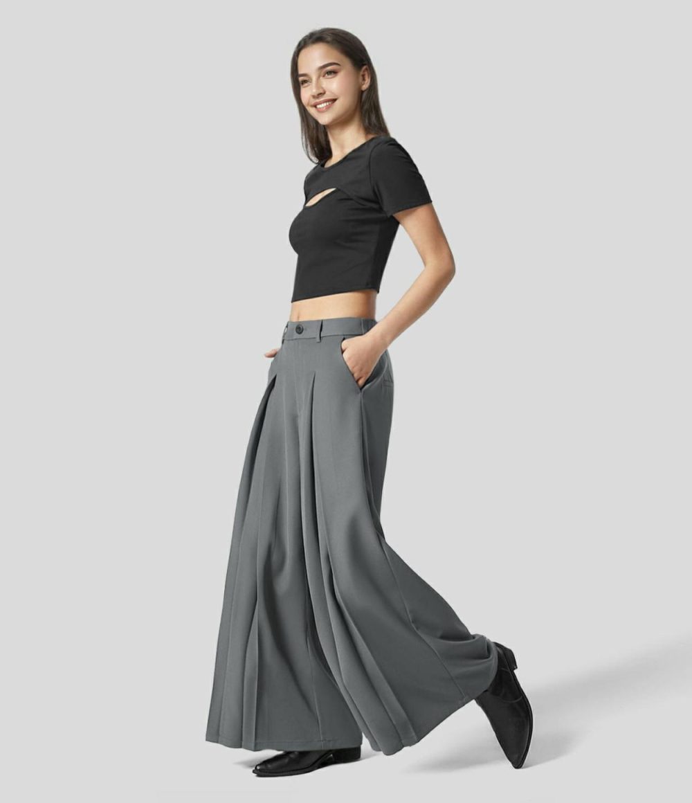 High Waisted Side Pocket Pleated Wide Leg Work Culottes  | Womens  Active Work Pants Active Work Pants Active Work Pants