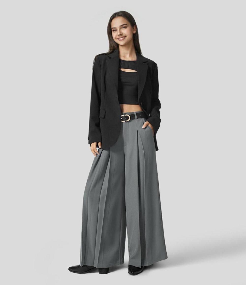 High Waisted Side Pocket Pleated Wide Leg Work Culottes  | Womens  Active Work Pants Active Work Pants Active Work Pants