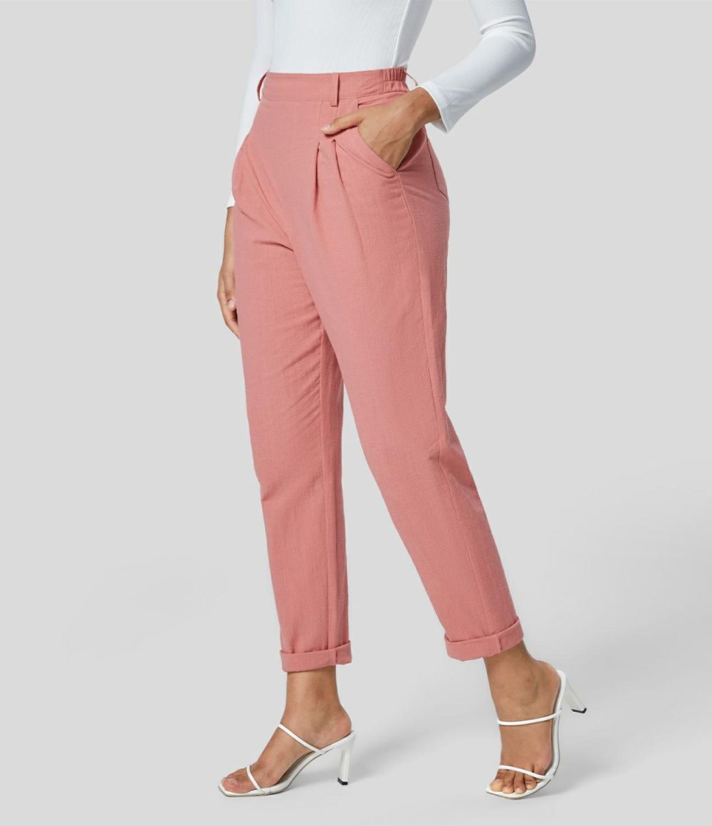 High Waisted Side Pocket Tapered Work Linen-Feel Suit Pants  | Womens  Active Work Pants Active Work Pants Active Work Pants