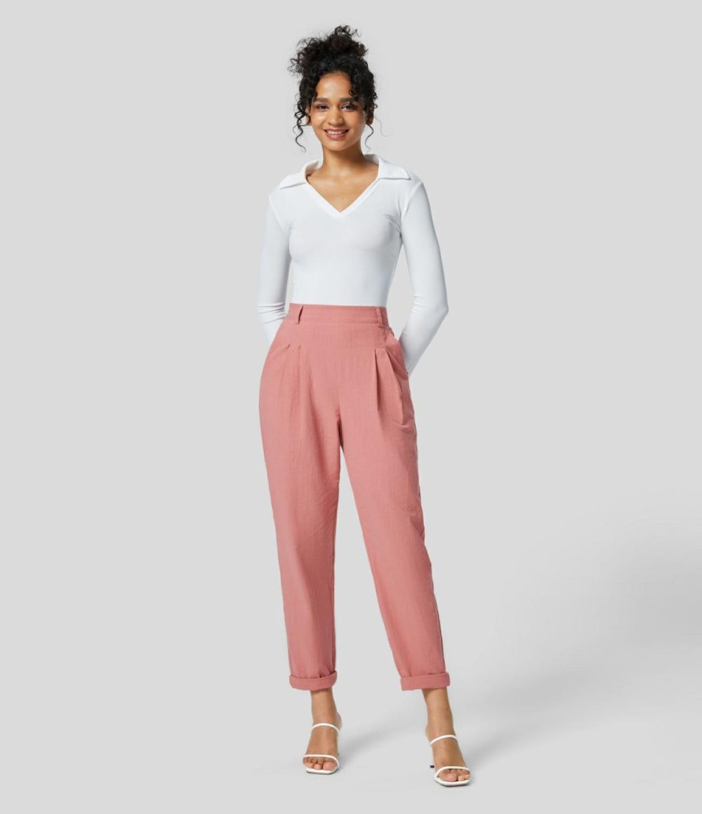 High Waisted Side Pocket Tapered Work Linen-Feel Suit Pants  | Womens  Active Work Pants Active Work Pants Active Work Pants