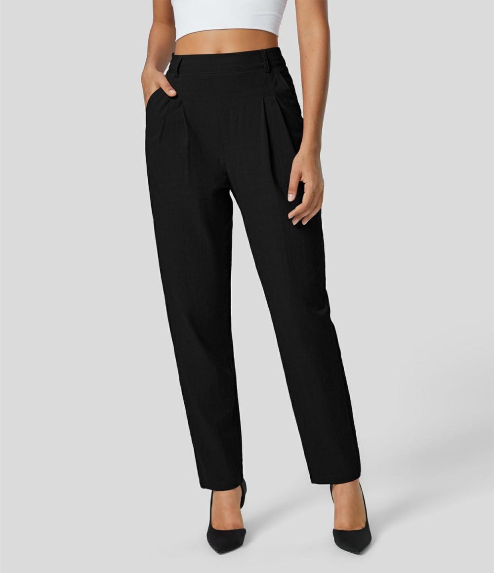 High Waisted Side Pocket Tapered Work Linen-Feel Suit Pants  | Womens  Active Work Pants Active Work Pants Active Work Pants