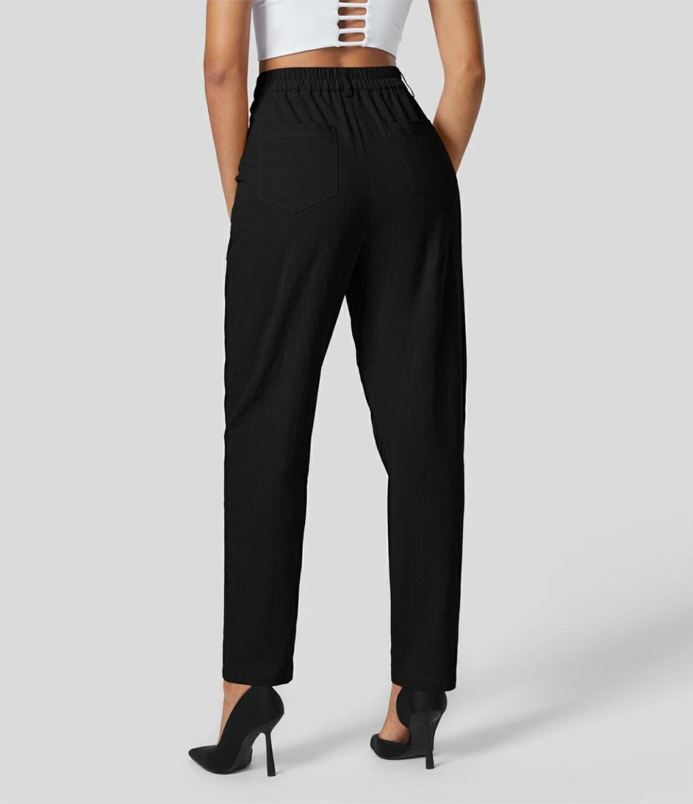 High Waisted Side Pocket Tapered Work Linen-Feel Suit Pants  | Womens  Active Work Pants Active Work Pants Active Work Pants