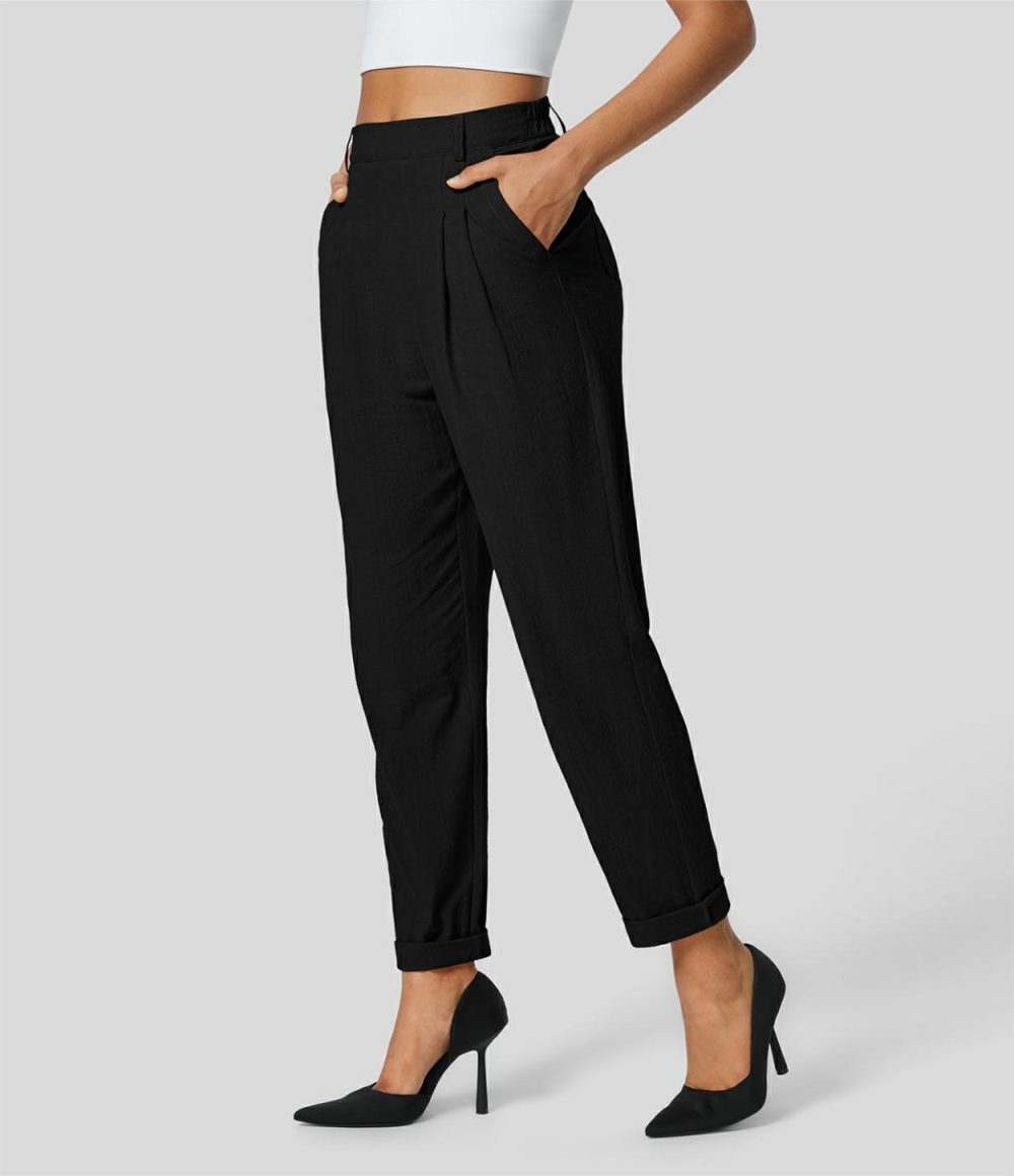 High Waisted Side Pocket Tapered Work Linen-Feel Suit Pants  | Womens  Active Work Pants Active Work Pants Active Work Pants