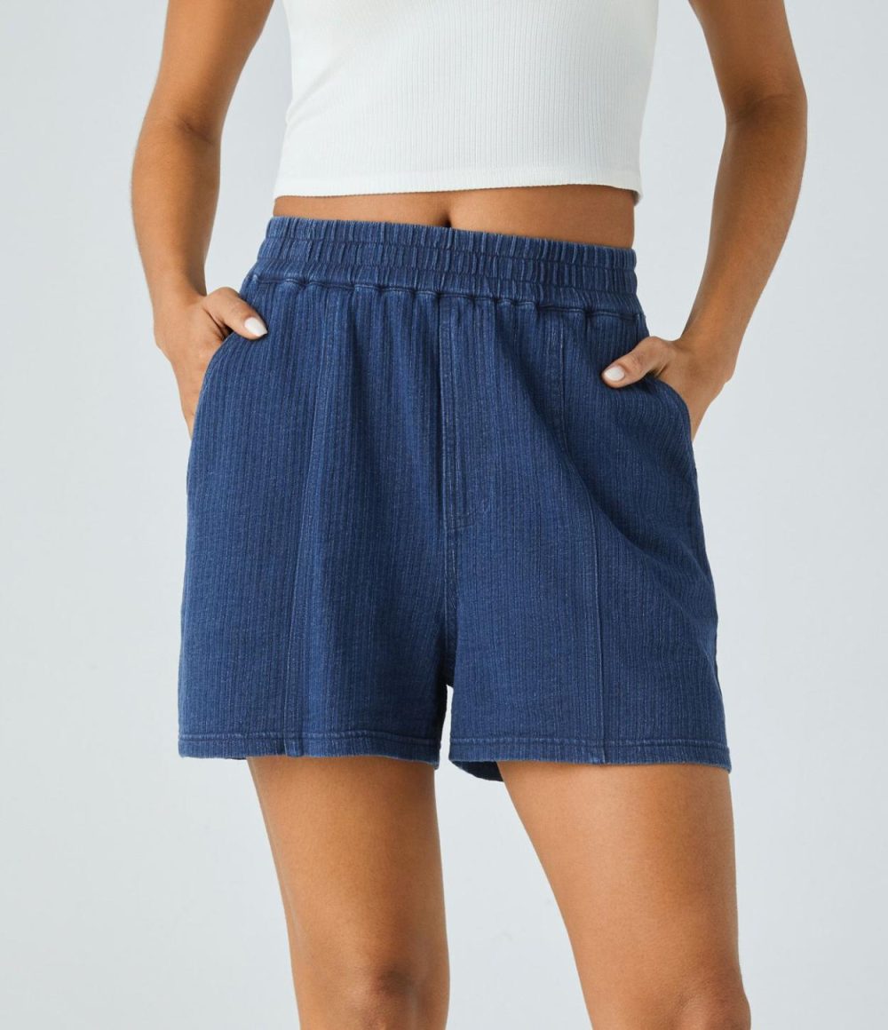 High Waisted Side Pocket Washed Stretchy Knit Denim Casual Wide Leg Shorts  | Womens  Denim Shorts Clothing Dark Blue Knit Denim/Blue Bush Denim