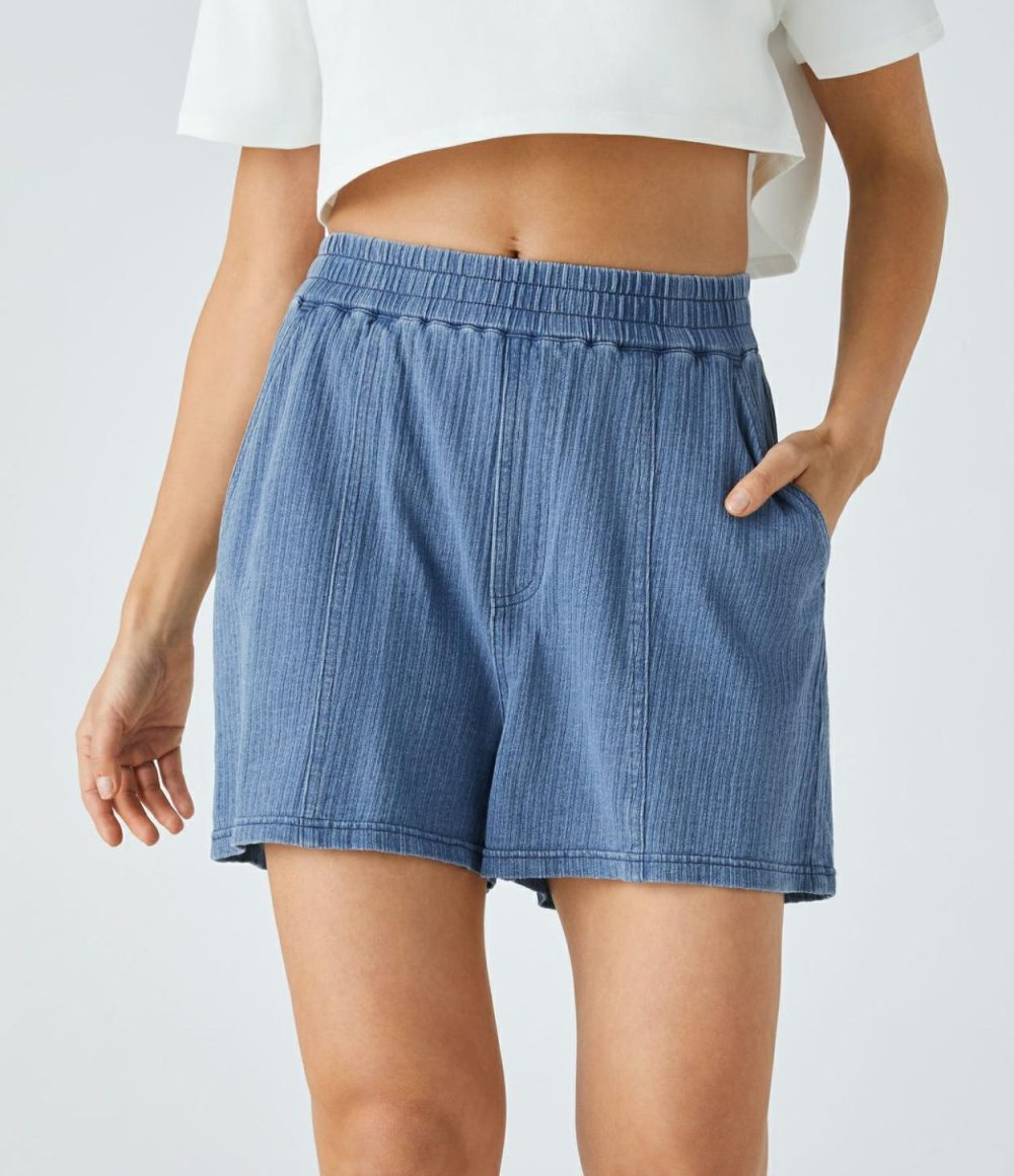 High Waisted Side Pocket Washed Stretchy Knit Denim Casual Wide Leg Shorts  | Womens  Denim Shorts Clothing Dark Blue Knit Denim/Blue Bush Denim