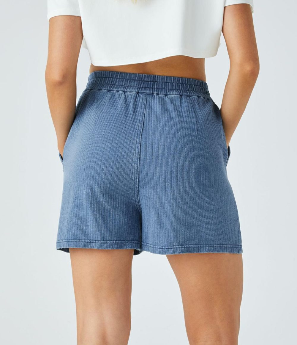 High Waisted Side Pocket Washed Stretchy Knit Denim Casual Wide Leg Shorts  | Womens  Denim Shorts Clothing Dark Blue Knit Denim/Blue Bush Denim