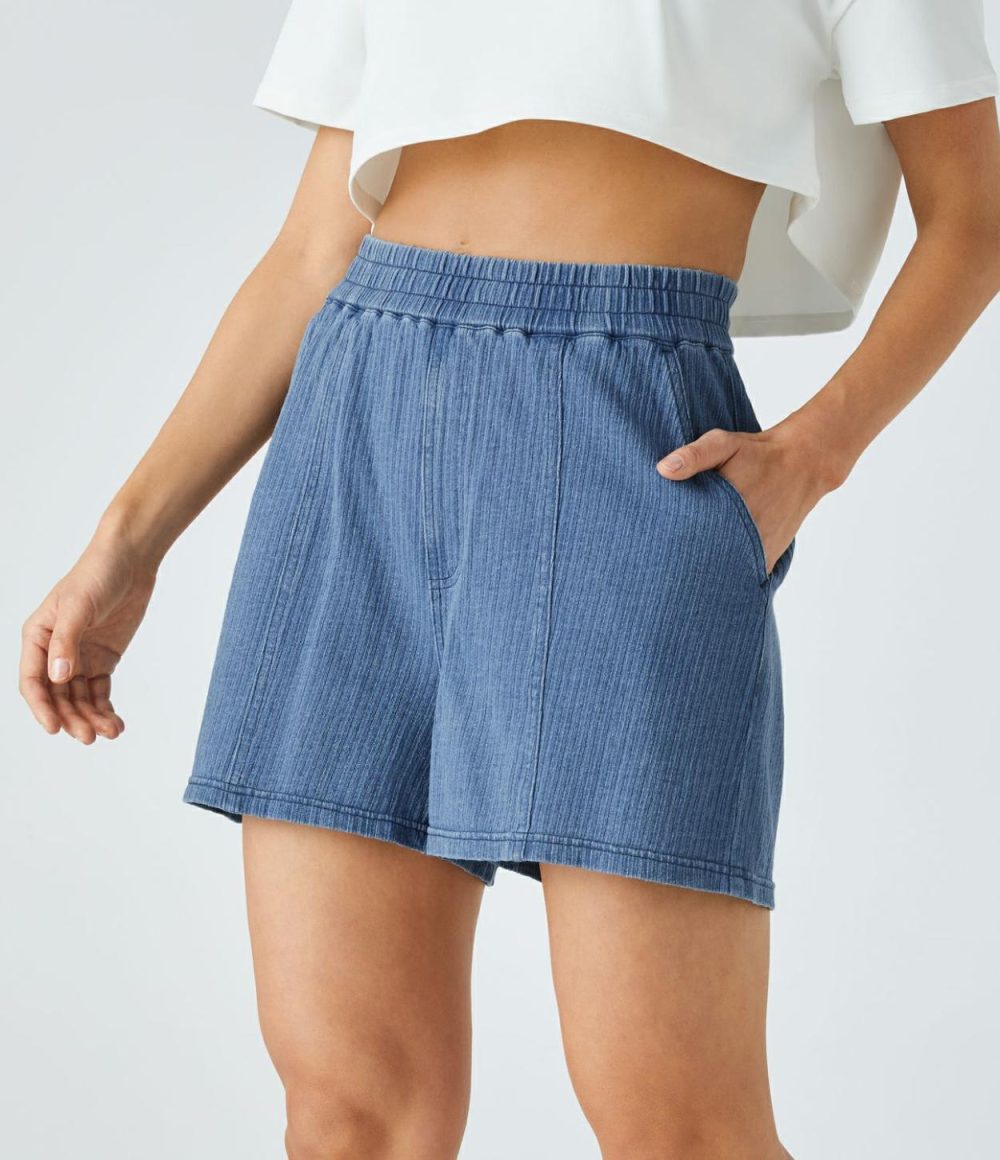 High Waisted Side Pocket Washed Stretchy Knit Denim Casual Wide Leg Shorts  | Womens  Denim Shorts Clothing Dark Blue Knit Denim/Blue Bush Denim