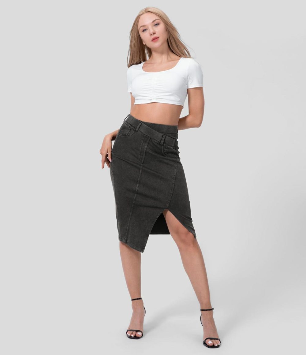 High Waisted Split Hem Stretchy Knit Denim Midi Casual Skirt  | Womens  Denim Shorts Clothing Denim Shorts