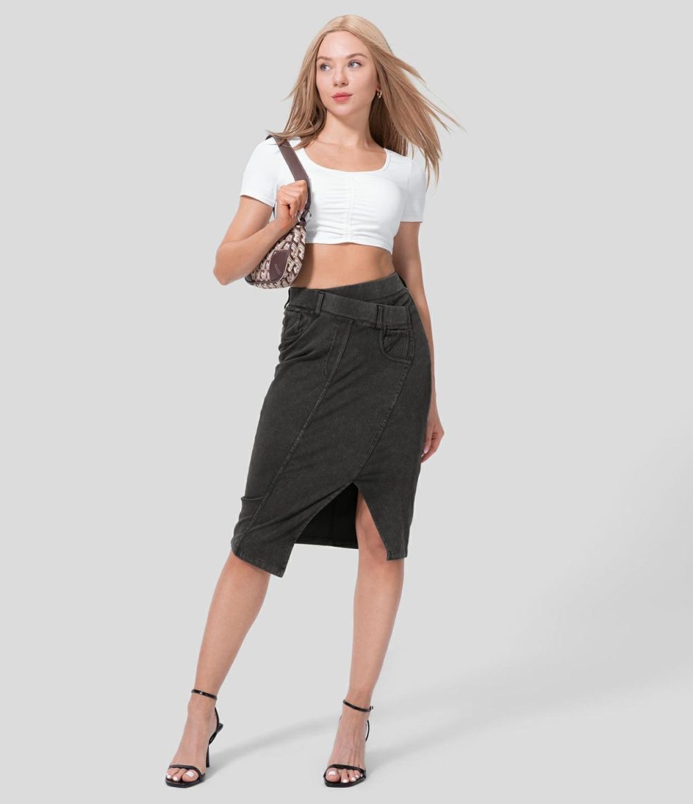 High Waisted Split Hem Stretchy Knit Denim Midi Casual Skirt  | Womens  Denim Shorts Clothing Denim Shorts