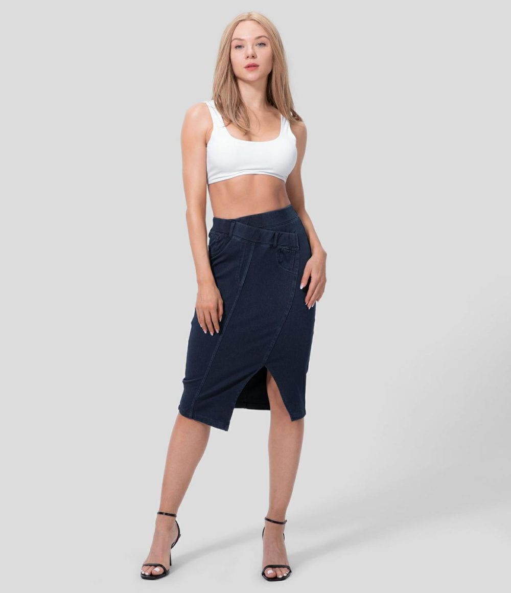 High Waisted Split Hem Stretchy Knit Denim Midi Casual Skirt  | Womens  Denim Shorts Clothing Denim Shorts