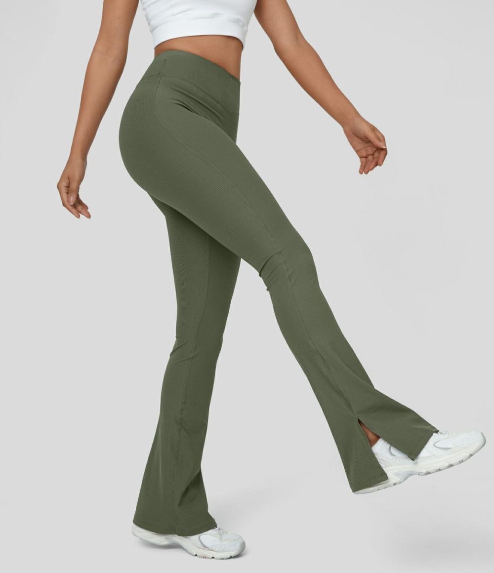 Ribbed High Waisted Split Flared Yoga Full Length Leggings  | Womens  Flare Leggings Clothing Flamewood Brown/Black/Baton Rouge/Deep Depths/Dark Jade Grey/Sweet Honeydew/Viridian/Holly Berry/Beachgrass Green